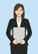 © jonsbernardus - Confidently smiling businesswoman illustration in a suit holding a document
