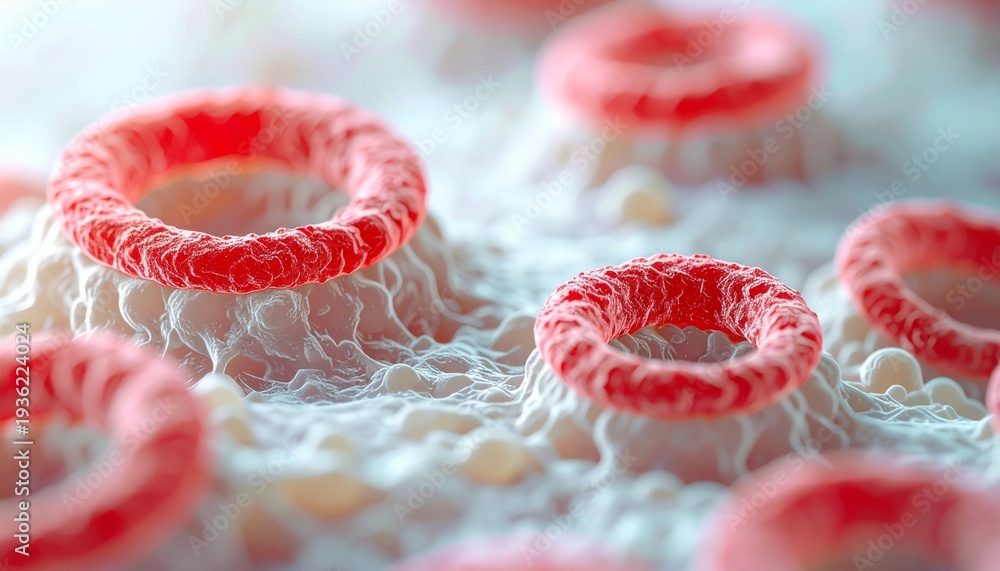 Red blood cells and white blood cells under a microscope, showing ...