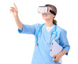 © Pixel-Shot - Female doctor in VR glasses with clipboard using virtual screen on white background
