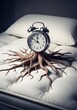 © Paul - A conceptual image depicting an alarm clock with intricate roots deeply embedded within a plush mattress, illustrating the struggle to rise and daily habits, symbol, surreal, abstract