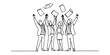 © RK Drawing Gallery - A group of five people celebrating success by throwing papers in the air, depicted in a continuous line art style. Vector, illustration