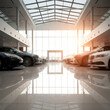 © Jim - Blurred Interior dealership store banner , car park indoor building showroom , car sales , auto leasing, insurance, rental theme. Automotive Industry / Car Dealership