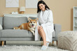 © Pixel-Shot - Beautiful young woman in soft slippers with cute Corgi dog sitting on sofa in living room