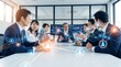 © CuteBee - A diverse group of business professionals engages in a meeting, connected by a glowing digital network and a central illuminated orb, representing communication.