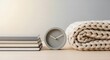 © Ascents - Minimalist alarm clock, books, and knit blanket on wooden surface