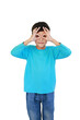 © zilvergolf - Playful young boy in bright blue long-sleeved shirt making a binocular gesture with his hands over his eyes, smiling cheerfully against white background
