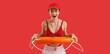 © Pixel-Shot - Surprised female beach rescuer with lifebuoy on red background
