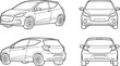 © Sharon  - Compact Hatchback Car Line Drawing Set with Front, Rear and Side Views Outline Vector Illustration Isolated on White Background for Automotive Design