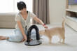 © Jirawatfoto - Young asian woman playing with pet cat at home supporting mental health wellness showing friendly emotion sitting on floor with toy arch groomer relaxing indoor environment feeling joyful