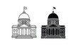 © rsvect02 - Black and white illustration of two domed government buildings with flags on top, side by side, in line art style