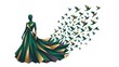 © Tharuka - Abstract illustration of a woman in a green and gold geometric gown transforming into flying birds Artistic representation of nature and style with a geometric patterned dress for Earth Day concept.