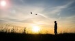 © SD AI - A lone figure stands in a serene landscape watching birds fly at sunrise or sunset in a peaceful atmosphere