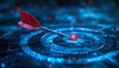 © Rat Art - Blue dart hitting the center of a glowing digital target, symbolizing precision, goal achievement, strategic planning, and business success in a futuristic technology environment.