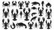 © Md - Lobster silhouette set, seafood animal illustration, marine creature graphic, crustacean drawing, fishing design element, cad drawing flat vector illustration