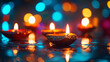 © Faizan - Beautifully lit diyas on reflective surface with colorful bokeh lights