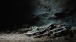 © CYBERPINK - Old, rusted anchor lying on the ground in a dark cave. the anchor appears to be old and weathered, with a long, curved blade and a pointed tip.