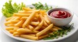 © MOTIWARA - Delicious french fries served with ketchup on a white plate garnished with fresh green lettuce and arugula leaves.