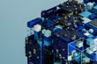 © Rendara Studio - 3D Blue Data Cube with modular PCB panels, copyspace