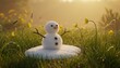 © Nai - Snowman stands in a field surrounded by flowers on a sunny morning with dew on the grass and light shining through trees