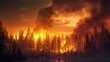 © Friendly Studio - Dramatic Scene of Forest Fire at Sunset with Dark Smoke and Burning Trees Reflected in Calm Water