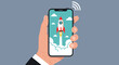 © Nur - Innovation and speed concept showing a hand holding a smartphone with a rocket launching from the screen on a grey background with signal bars.