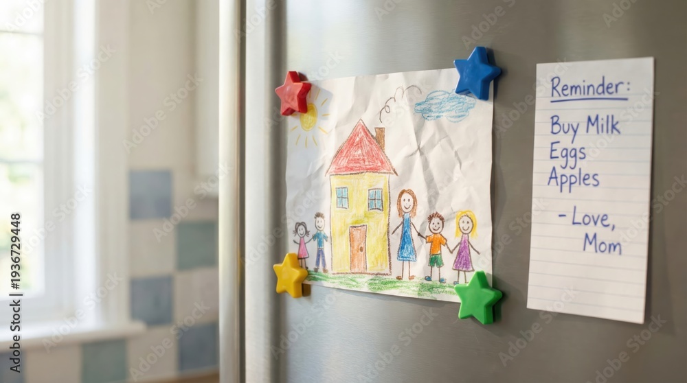 Foto de Stock Child's colorful house drawing and handwritten reminder ...