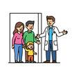 © Kikil - Family of three entering doctor's office, doctor welcoming them, illustrated scene, vector graphics