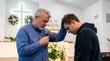 © Светлана Воротняк - Pastor praying over young man in church. Religious leader offering blessing during Easter service. Christian community gathering for worship, resurrection celebration and faith guidance.