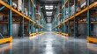 © BANDERSOUL - spacious industrial storage room with empty aisle between tall racks, high ceiling with lights, modern logistics and warehouse concept, clean and organized environment
