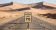 © BADRUN - Desert Highway With Speed Limit Sign, Leading Towards Sand Dunes in Day Light