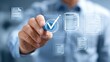 © Gamenin - Hand interacting with digital document icons, checkmark symbolizing approval