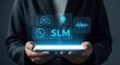 © Muzayyan - SLM AI Technology Hologram Interface on Smartphone Screen with Icons for Search, Idea, and Sound Waves, Futuristic Business Concept