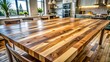 © sunton - A beautifully crafted wooden dining table with a multi-toned plank surface, set within a bright, modern kitchen space, inviting gatherings and meals