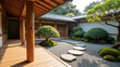 © Jari.art - Japanese garden wooden veranda stone path manicured shrub moss tranquil traditional sunlight peaceful architecture