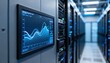 © Justlight - Focused view of a sleek monitoring wall displaying realtime energy consumption graphs surrounded by outoffocus server rows emphasizing efficient management.