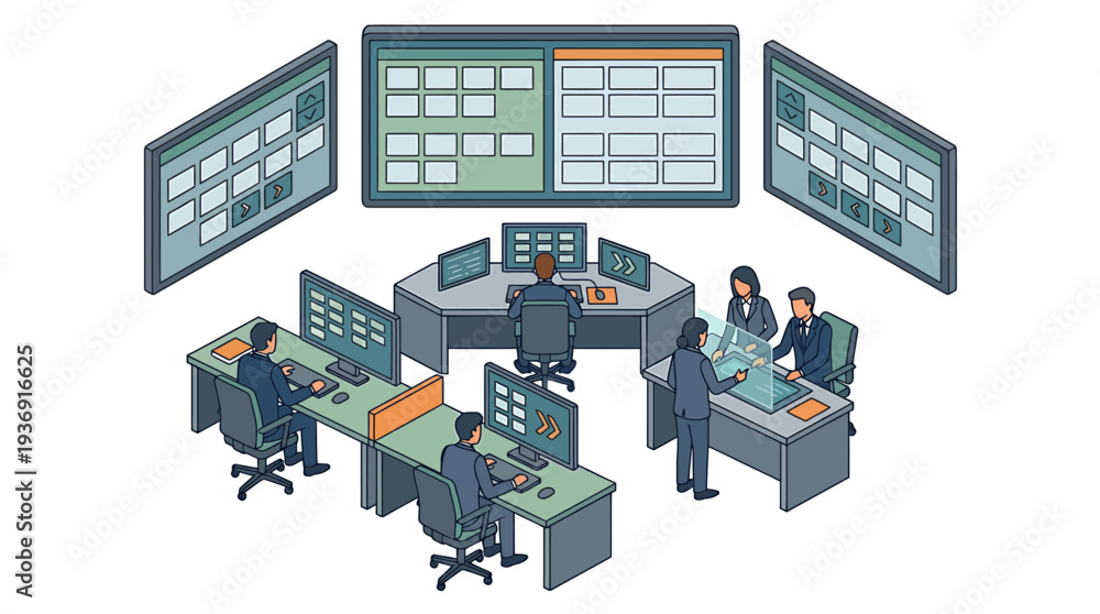 Dynamic Technology Control Center with Monitors and Operators at Work ...