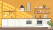 © Matthew - A modern kitchen scene featuring white cabinets, shelves with utensils, and warm lighting