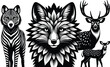 © MstRupali - Black and white vector illustration set featuring a stylized zebra patterned wolf, geometric fox head, and elegant spotted deer with antlers for creative designs.