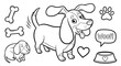 © Imron - Cartoon dog illustration with bones paw print bowl and woof speech bubble