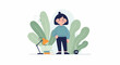 © eren - Minimalist illustration of a young woman standing amidst plants with a desk lamp, books, and a steaming mug