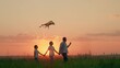 © Victoriia - Young family plays with kite in meadow. Happy family, dad children, play in park with kite in sky. Child in family dream fly traveling. Active people together, kids, parent fun on lawn in summer, sun