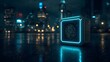 © Cpsign - Glowing blue device with futuristic interface on wet city street at night
