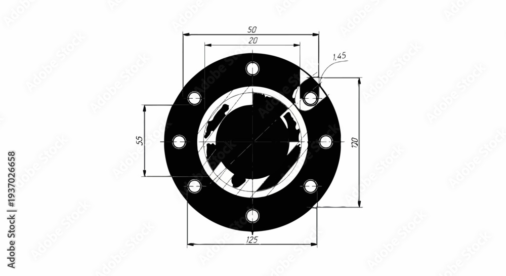 Technical drawing of a circular component with dimensions and bolt ...