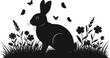 © Waleed - Striking black and white vector graphic illustration featuring a detailed silhouette of a rabbit sitting among meadow flowers and fluttering butterflies