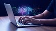© Budi - Programmer using laptop with AI coding assistant for software development and automation. Artificial intelligence generates code, detects bugs, optimizes workflow, and supports application building.
