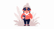 © Nira - Cartoon character in winter attire, wearing sunglasses, holding a book, and posing amidst soft-toned foliage