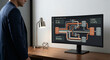 © SM Graphics - Man observing operational efficiency hub with cycle time throughput optimization and system health status