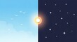 © Katsyarina - Day and night switch with sun transitioning into moon. Split screen showing transition from sunlight to starry night sky. Concept of time passing, change, duality and cycle transformation.