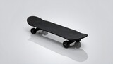 A black skateboard with wheels is shown from the side on a reflective surface with a monochrome background