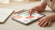 © Guzel - Toddler hands touching colorful shapes on a digital tablet screen while lying on a cozy carpet, early childhood education, digital learning, playful development.